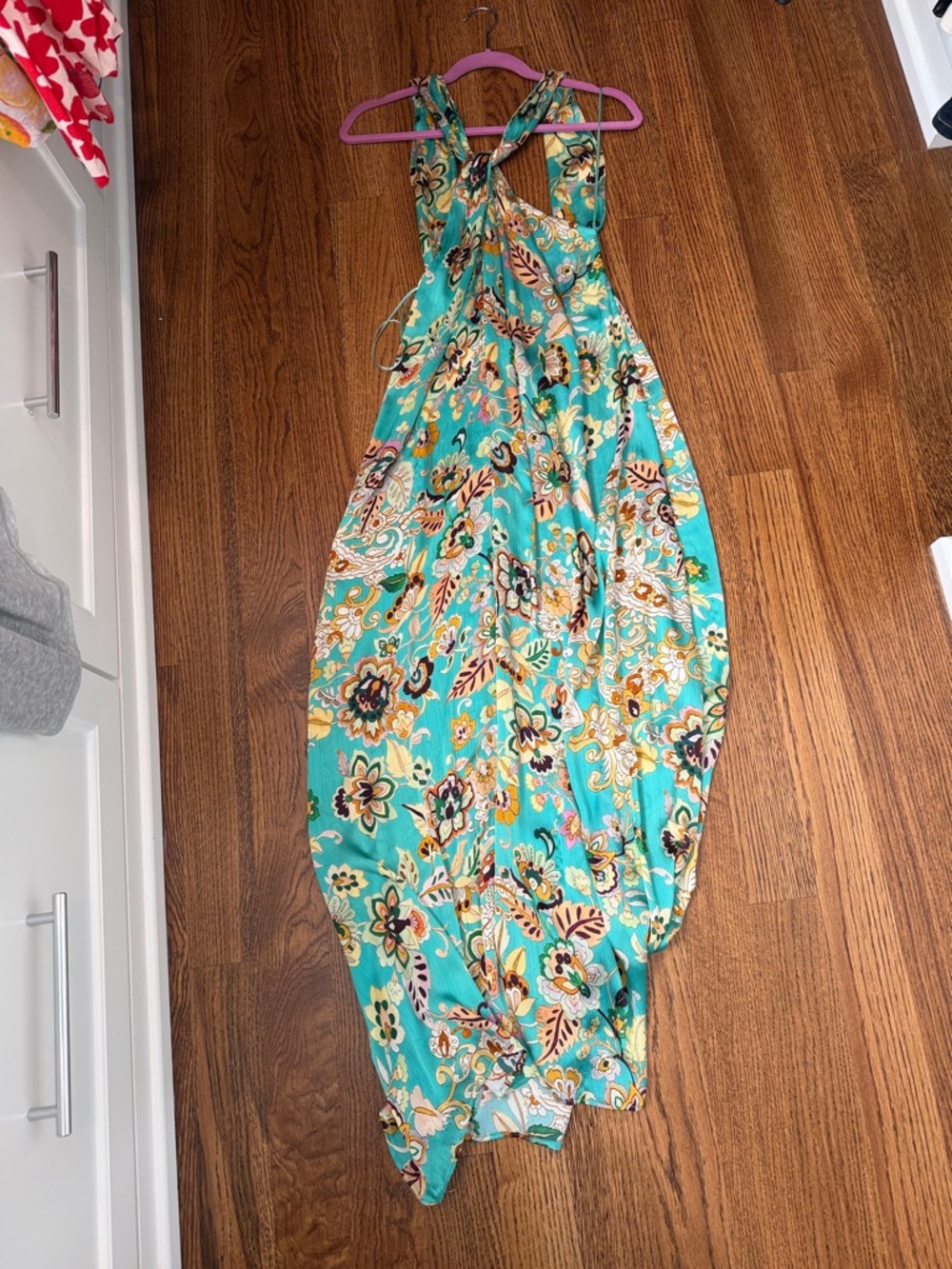 Zara Teal Floral Maxi Dress with Yellow and White Accents